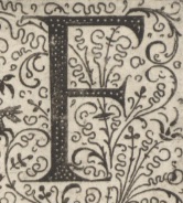 Decorative letter F illustration in vintage manuscript style.