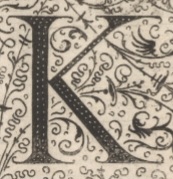 Decorative letter K illustration in vintage manuscript style.