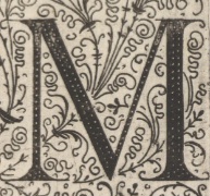 decorative letter M illustration in vintage manuscript style.