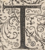 Decorative letter T illustration in vintage manuscript style.