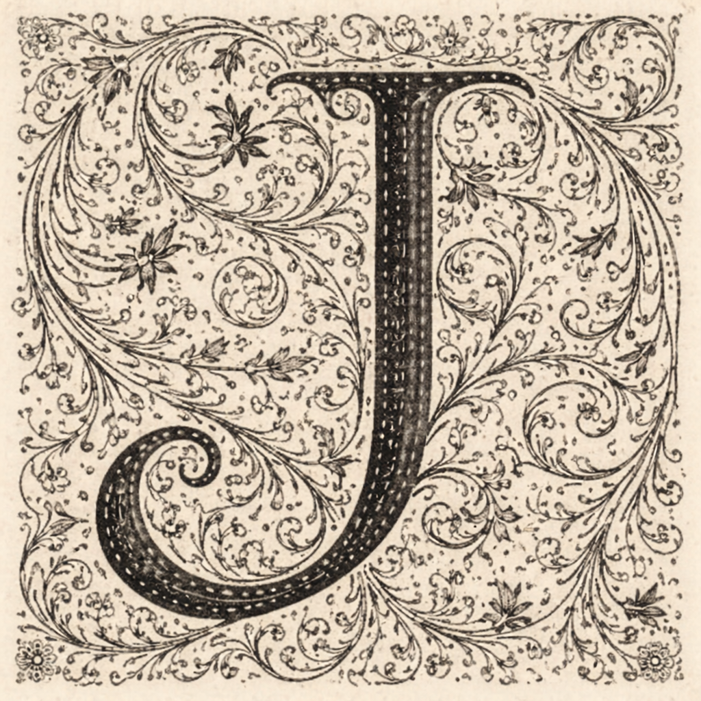 Decorative letter J illustration in vintage manuscript style.