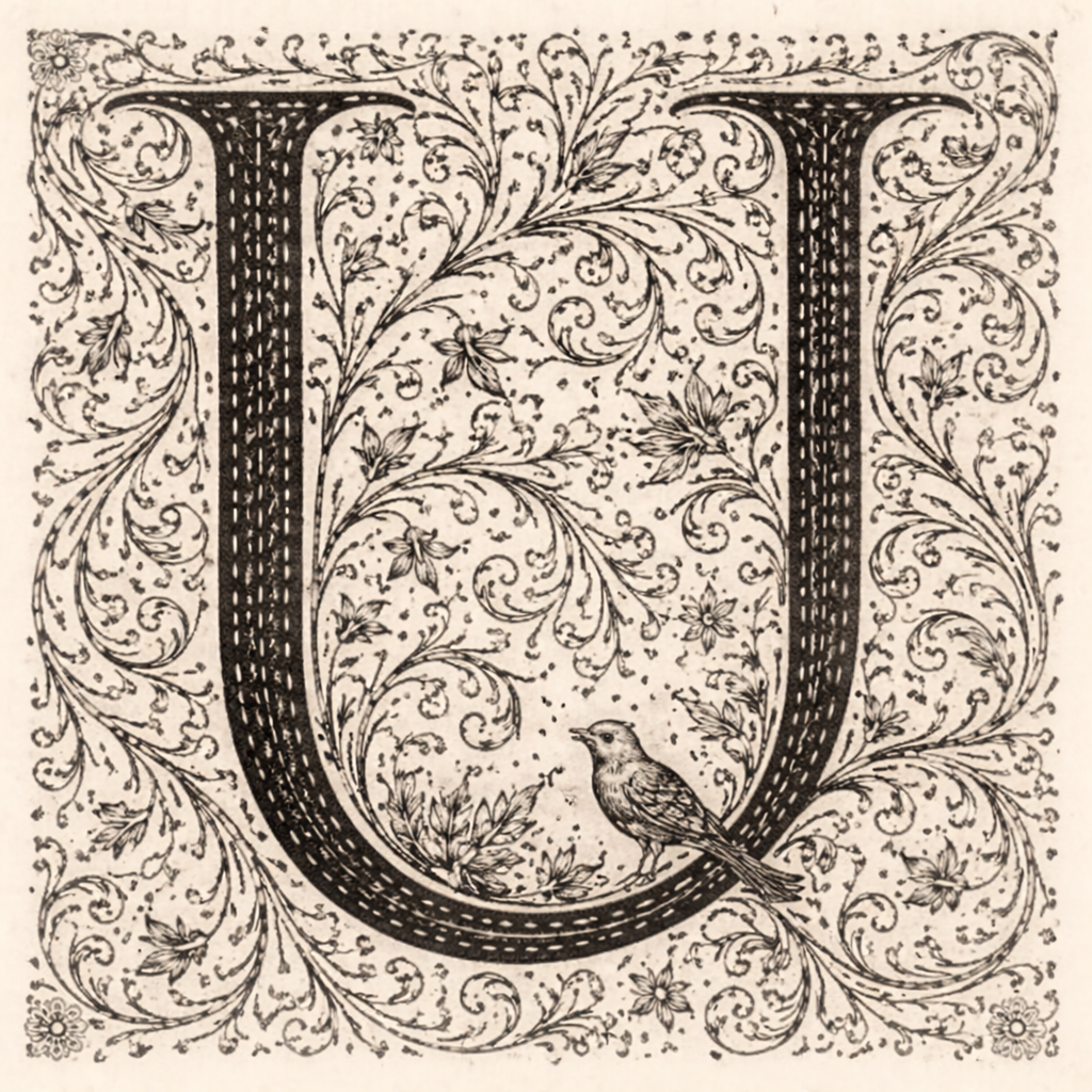Decorative letter U illustration in vintage manuscript style.