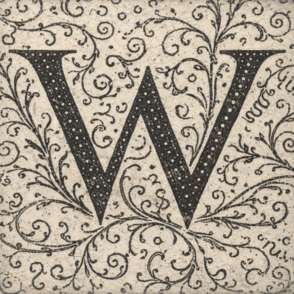 Decorative letter W illustration in vintage manuscript style.