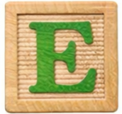 Wooden alphabet block with the letter E.