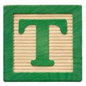 Wooden block with the letter T.
