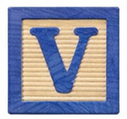 Wooden block with the letter V.
