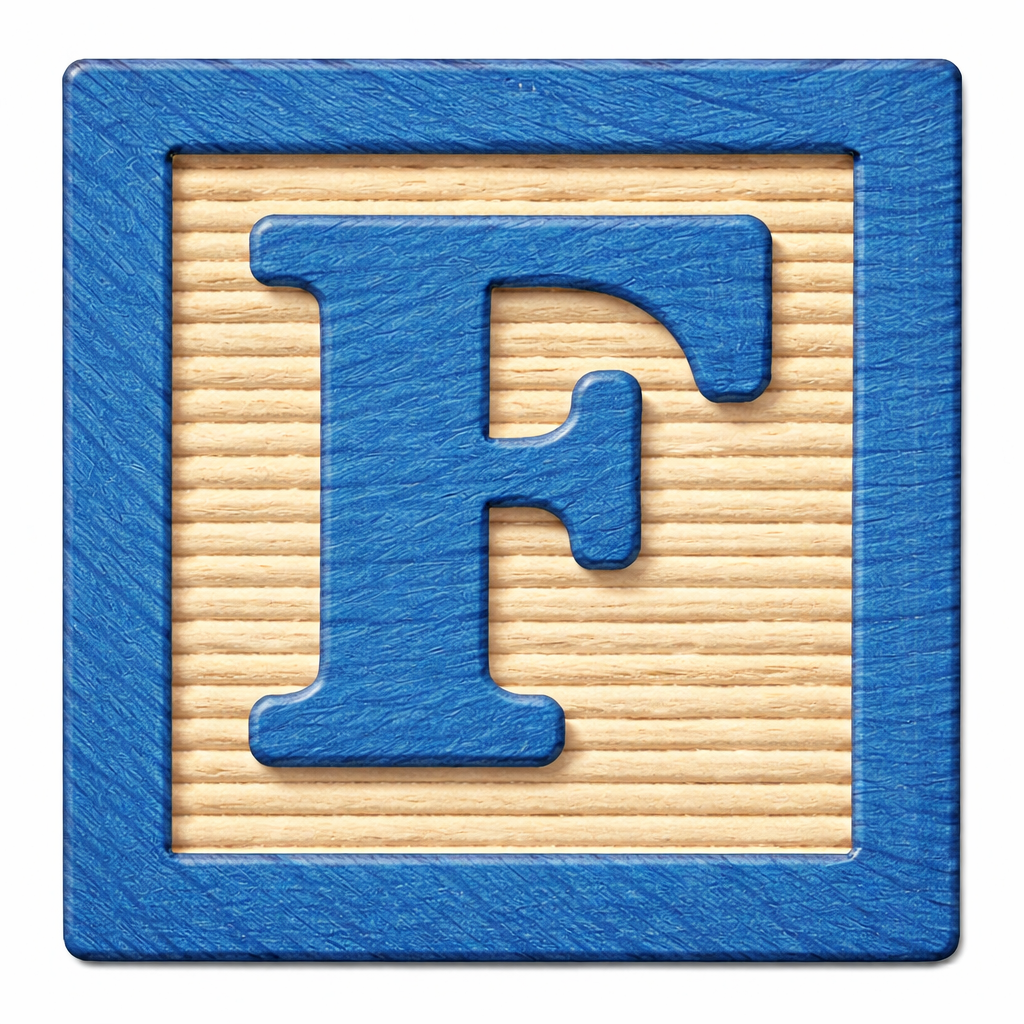 Wooden alphabet block with the letter F.