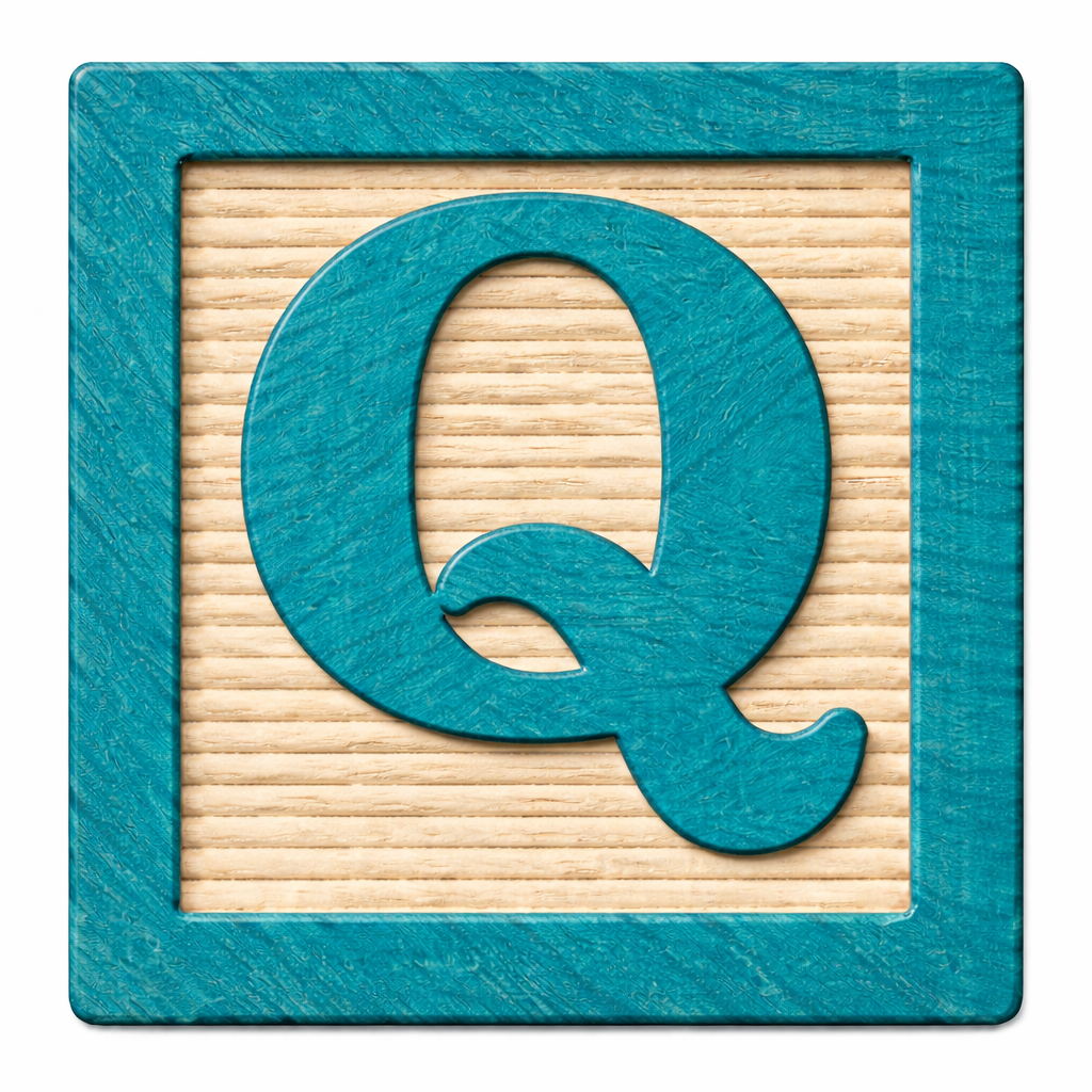 Wooden block with the letter Q.