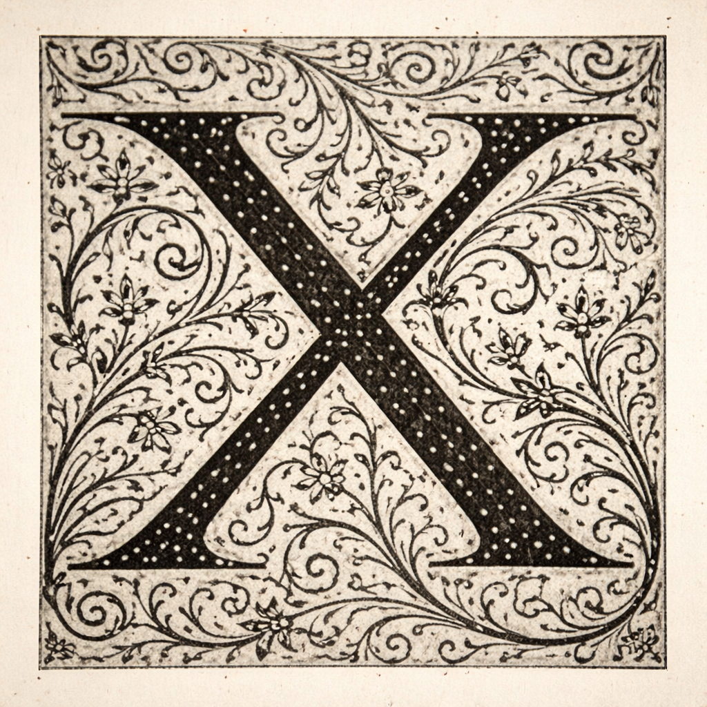 Decorative letter X illustration in vintage manuscript style.